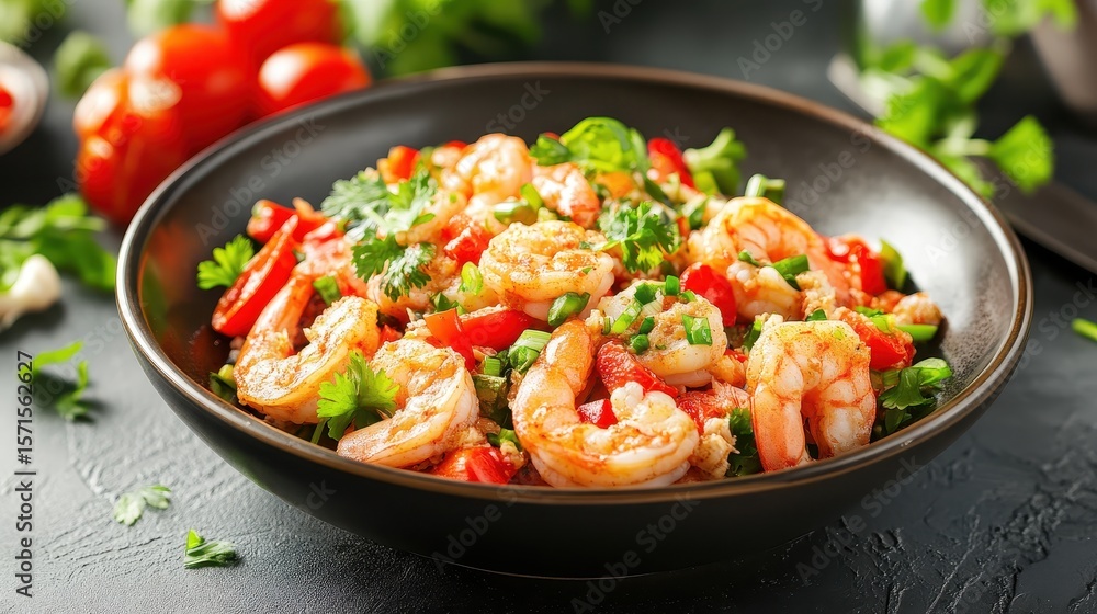 Fresh Shrimp Salad with Vegetables and Herbs in Black Bowl Fresh Shrimp Salad with Vegetables and Herbs in Black Bowl