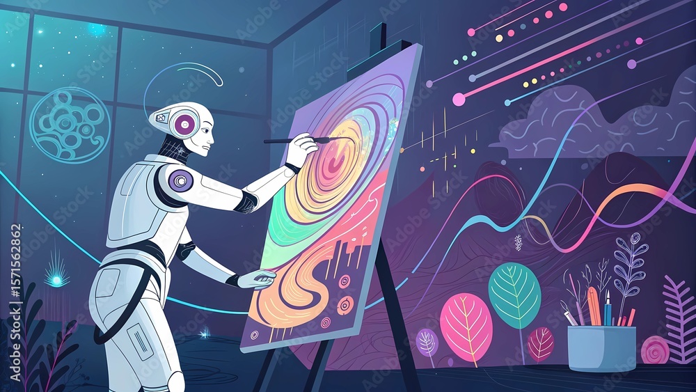 Fototapeta premium Ai robot artist painting abstract art on canvas in studio digital art creative design concept