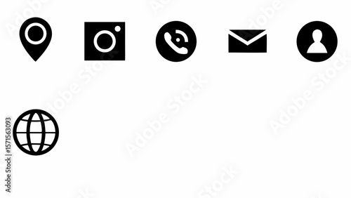 Collection of black and white contact icons including location camera phone email and profile icons