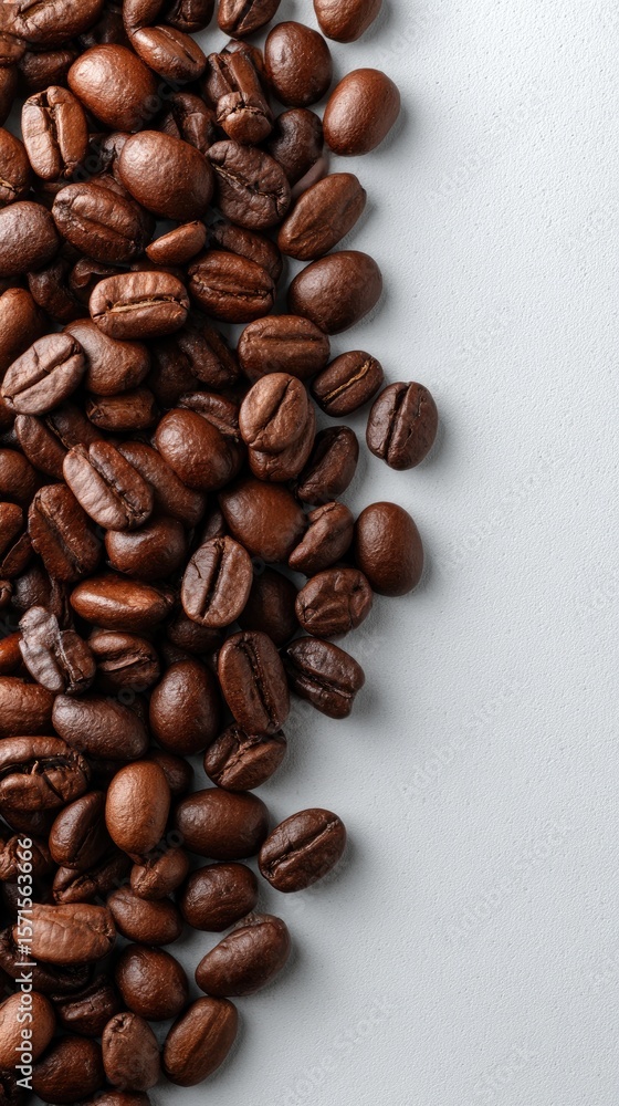 Naklejka premium Light gray background showcases scattered coffee beans, highlighting their rich textures and potential as a design element