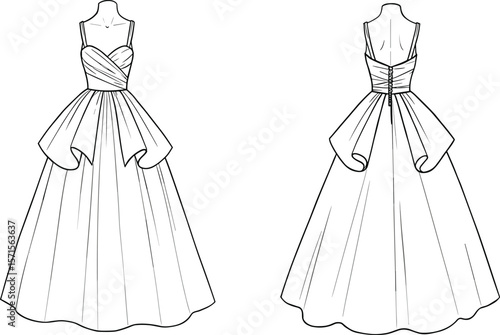 Fashion illustration, elegant ball gown dress, front view, back view, bridal wear, evening gown, draped details, straps, buttons, sketch