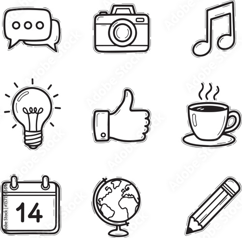 Chat camera music lightbulb thumbsup coffeecup calendar globe pencil vector