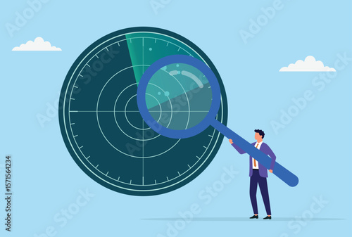Vector illustration of a businessman analyzing a radar screen through a giant magnifying glass, symbolizing client hunting, strategic targeting, and focused market search
