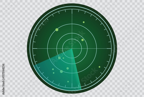 Vector illustration of a radar on a transparent background, symbolizing detection, tracking, surveillance, and monitoring for use in technology, security, and navigation contexts
