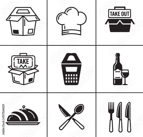 Food service icons including takeout boxes chef hat wine bottle cutlery and serving dish vector