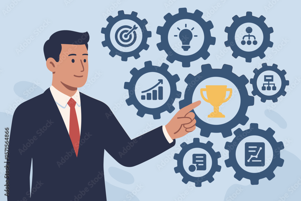 Business mechanism concept. Businessman pointing at trophy for success and achievement. Process automation, workflow management, and strategy icons inside gears. Vector cartoon. Business mechanism concept. Businessman pointing at trophy for success and achievement. Process automation, workflow management, and strategy icons inside gears. Vector cartoon.