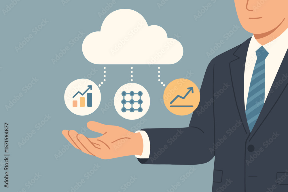 Businessman hand with cloud computing online, connecting to big data analytics. Business intelligence concept with growth chart, graph, and network icons. Flat vector cartoon. Businessman hand with cloud computing online, connecting to big data analytics. Business intelligence concept with growth chart, graph, and network icons. Flat vector cartoon.