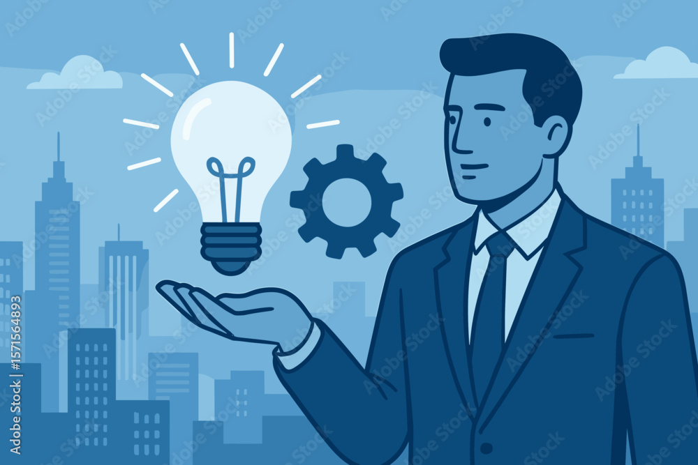 Business idea and solution concept. Businessman holding light bulb and gear in front of a city. Metaphor for innovation, creativity, strategy, technology and problem-solving. Business idea and solution concept. Businessman holding light bulb and gear in front of a city. Metaphor for innovation, creativity, strategy, technology and problem-solving.