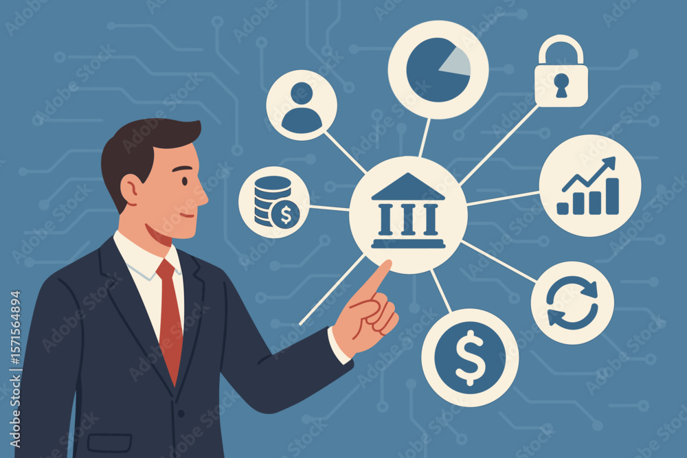 Businessman pointing at online banking interface. Financial technology concept with secure network icons for investment, big data, money management and digital services. Businessman pointing at online banking interface. Financial technology concept with secure network icons for investment, big data, money management and digital services.