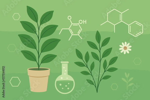Biology laboratory concept. Nature and science illustration. Plants with biochemistry molecular structure and lab flask. Vector for botany, phytochemistry, green chemistry.