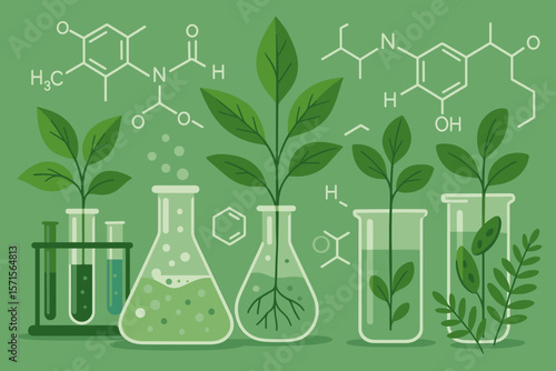 Biochemistry and plant science concept. Plants and sprouts growing in laboratory glassware. Biotechnology research and genetic experiment. Chemical formulas vector illustration.