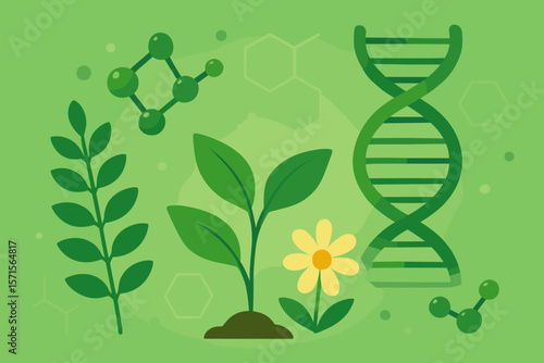 Biology and science concept of plant genetics and biochemistry. Vector illustration of a plant, flower, DNA helix and molecule structure. Modern botany and ecology background.