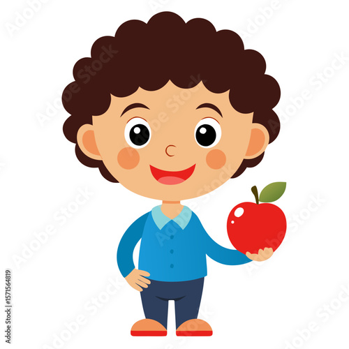 Boy holding apple smiling cute cartoon illustration vector drawing