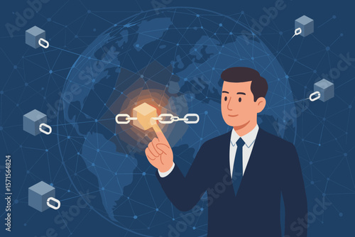 Blockchain technology concept. Businessman touches glowing block icon in a digital chain on a global network. Fintech, cryptocurrency, and secure decentralized data vector.