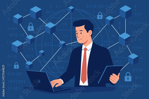 Blockchain technology concept. Businessman with laptop managing global crypto network. Fintech, data security, decentralized database. Internet safety, binary code background.