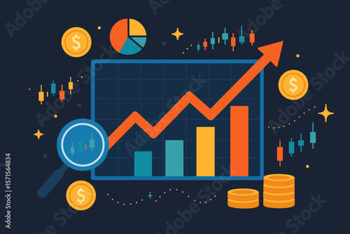 Stock market trading and business investment concept. Financial analysis with graph, chart and candlestick diagram. Economic growth, profit success with money coins. Flat vector.