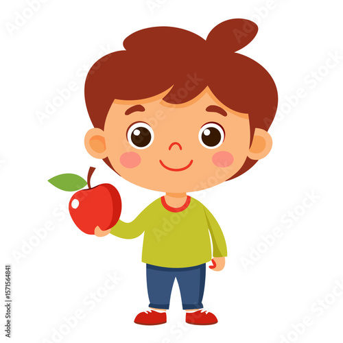 Little boy holding a red apple cartoon illustration