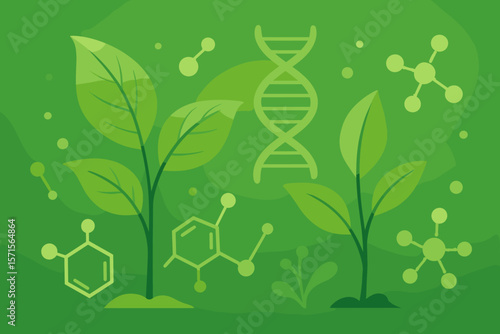 Plant biology science background. Green sprouts with DNA helix, molecule and chemical structure icons. Biotechnology, genetics and biochemistry concept. Modern flat vector illustration.