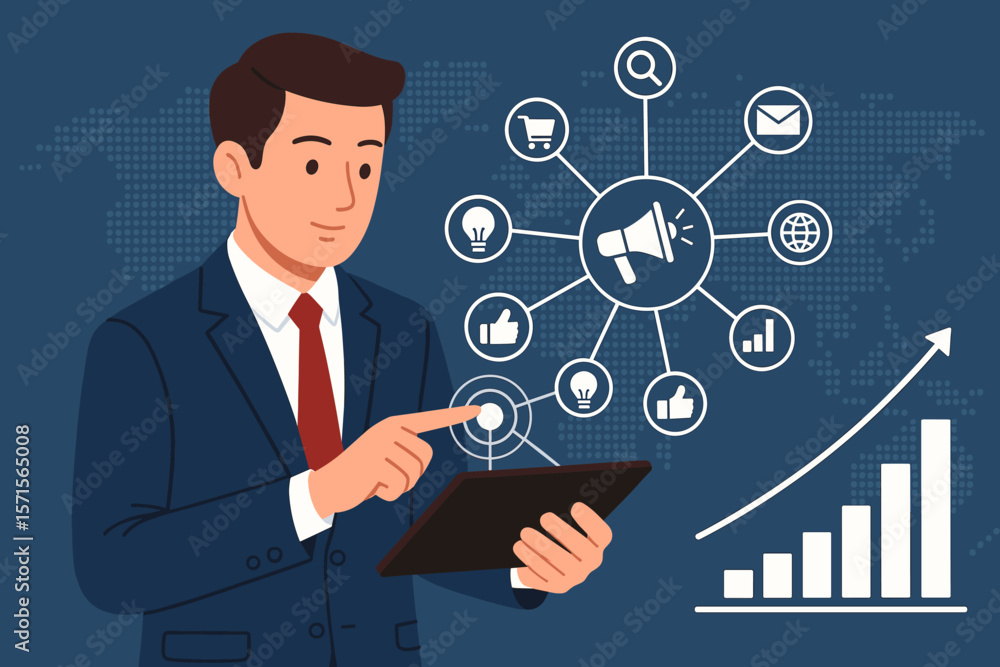 Businessman using tablet with digital marketing icons, global network connection, analyzing business sales data, investment, finance, growth chart, technology concept Businessman using tablet with digital marketing icons, global network connection, analyzing business sales data, investment, finance, growth chart, technology concept