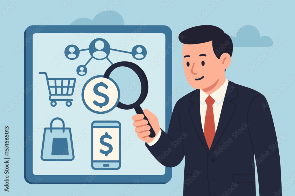 Businessman analyzing online payments, e-commerce shopping cart, mobile banking, customer network connection, omni-channel strategy, digital finance, flat vector illustration Businessman analyzing online payments, e-commerce shopping cart, mobile banking, customer network connection, omni-channel strategy, digital finance, flat vector illustration