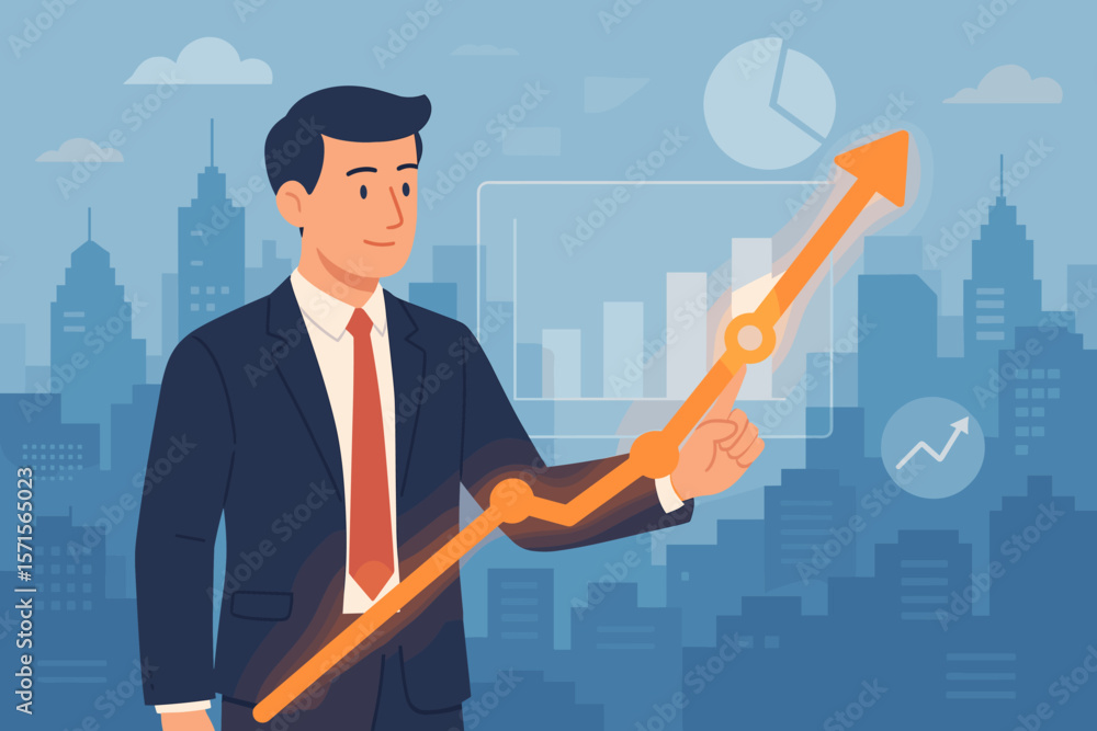 Businessman in suit analyzing financial growth graph, business progress, investment data, planning strategy, modern cityscape, bar chart, upward arrow, corporate success Businessman in suit analyzing financial growth graph, business progress, investment data, planning strategy, modern cityscape, bar chart, upward arrow, corporate success