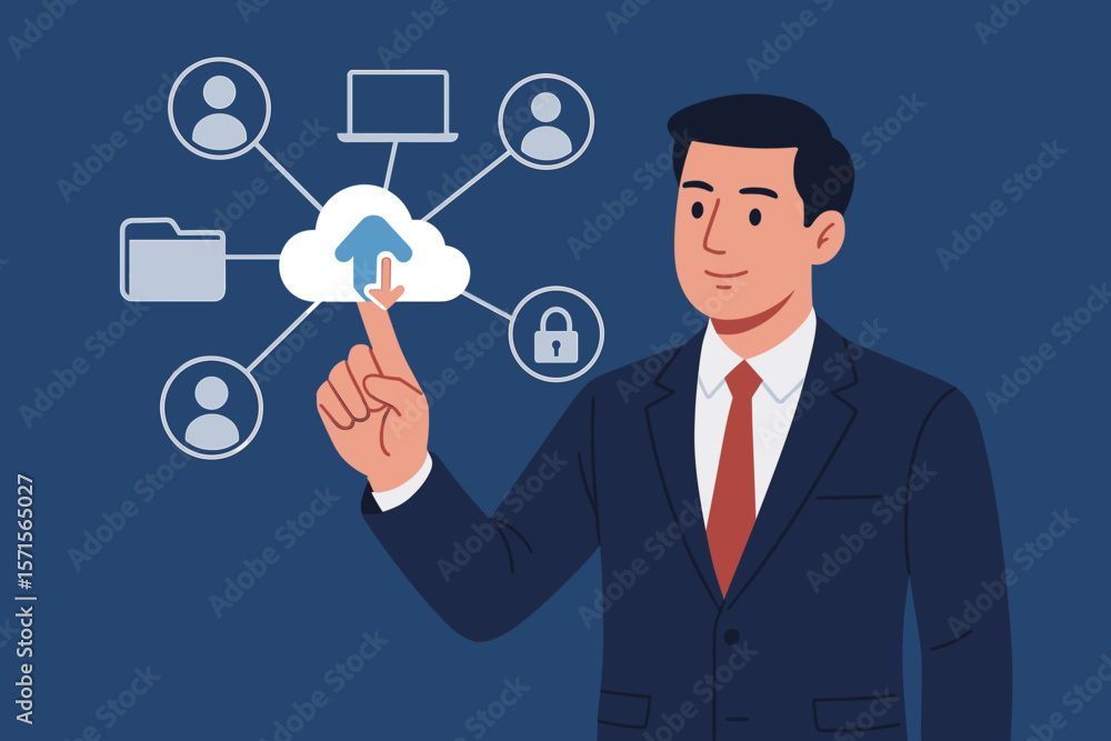Businessman in suit touching cloud computing icon. Cloud technology, data transfer, online data storage, secure business network, confidential information, digital connection Businessman in suit touching cloud computing icon. Cloud technology, data transfer, online data storage, secure business network, confidential information, digital connection