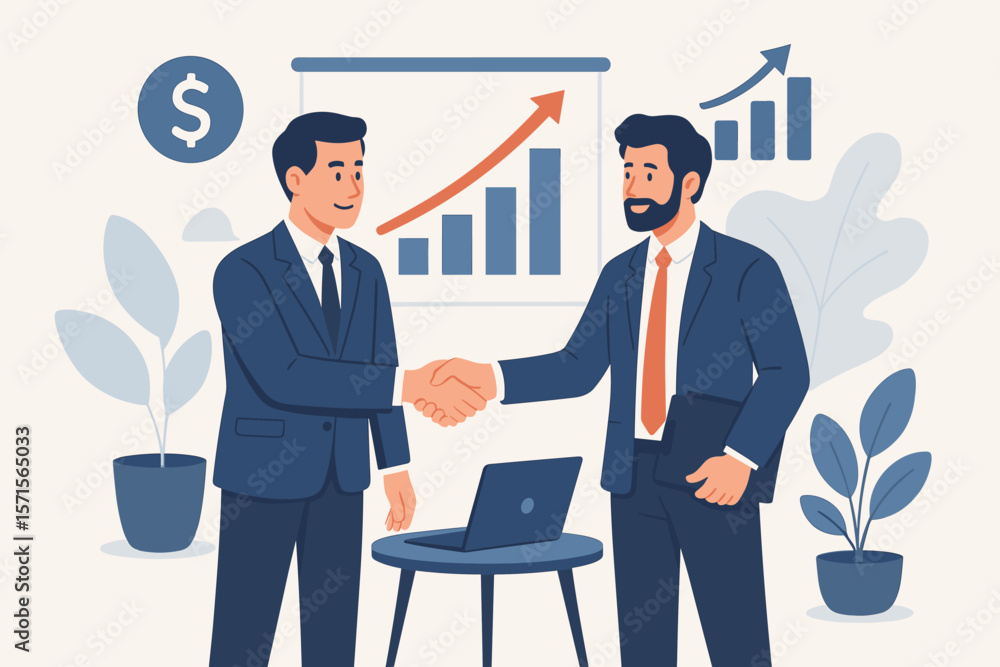 Business partnership handshake, financial advisor consultation, investment deal, business growth chart, merger and acquisition, corporate agreement, successful collaboration Business partnership handshake, financial advisor consultation, investment deal, business growth chart, merger and acquisition, corporate agreement, successful collaboration