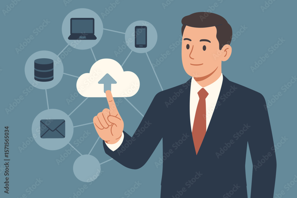 Businessman in suit interacting with cloud computing network interface, cloud data transfer, online storage, business technology, secure digital data management concept Businessman in suit interacting with cloud computing network interface, cloud data transfer, online storage, business technology, secure digital data management concept