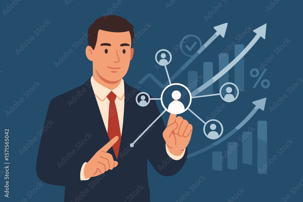 Businessman in suit analyzing customer network, touching digital interface with growth graph, financial data, positive indicators, investment progress, business strategy concept Businessman in suit analyzing customer network, touching digital interface with growth graph, financial data, positive indicators, investment progress, business strategy concept