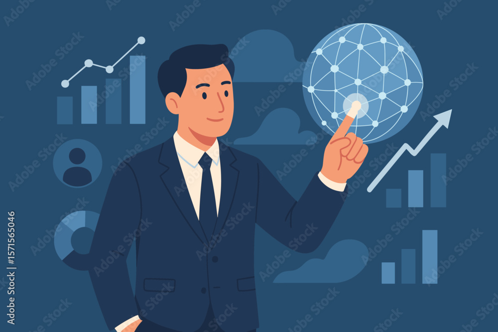 Businessman in suit analyzing global network, financial data, sales growth charts, economic strategy, customer insights, planning business success, modern flat vector illustration Businessman in suit analyzing global network, financial data, sales growth charts, economic strategy, customer insights, planning business success, modern flat vector illustration