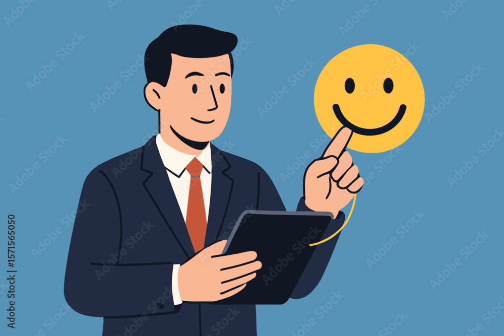 Businessman in suit using tablet drawing smiley face emoticon, customer service satisfaction, positive feedback, service mind, modern flat vector illustration, blue background Businessman in suit using tablet drawing smiley face emoticon, customer service satisfaction, positive feedback, service mind, modern flat vector illustration, blue background