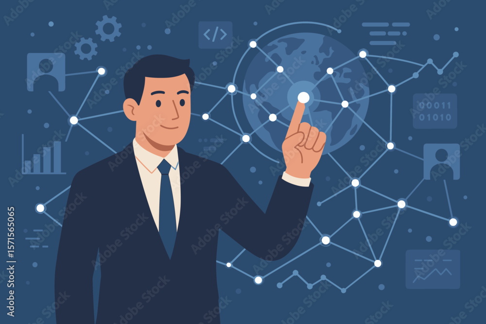 Global digital network concept with businessman touching virtual interface. Technology innovation, data science, algorithm visualization, internet connectivity, worldwide communication system Global digital network concept with businessman touching virtual interface. Technology innovation, data science, algorithm visualization, internet connectivity, worldwide communication system