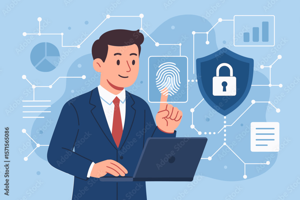 Businessman using fingerprint scan for secure online access, biometric authentication, data protection, cybersecurity, virtual network, digital privacy, secure data management Businessman using fingerprint scan for secure online access, biometric authentication, data protection, cybersecurity, virtual network, digital privacy, secure data management
