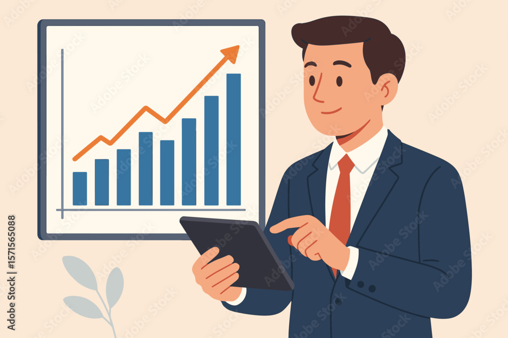 Businessman in suit using tablet analyzing financial data, sales growth, economic progress, bar chart, upward trend, business strategy, modern flat vector illustration Businessman in suit using tablet analyzing financial data, sales growth, economic progress, bar chart, upward trend, business strategy, modern flat vector illustration