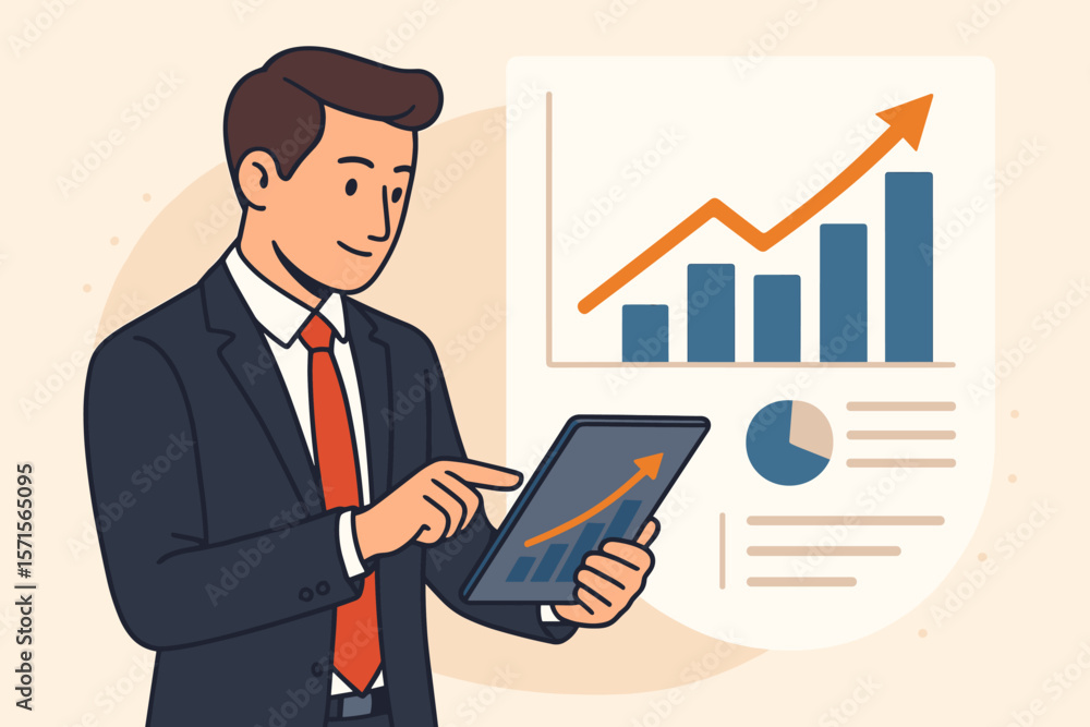 Businessman in suit using tablet to analyze sales data, financial growth, bar chart, upward arrow, business strategy, economic success, modern flat vector illustration Businessman in suit using tablet to analyze sales data, financial growth, bar chart, upward arrow, business strategy, economic success, modern flat vector illustration