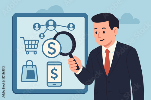 Businessman analyzing online payments, e-commerce shopping cart, mobile banking, customer network connection, omni-channel strategy, digital finance, flat vector illustration