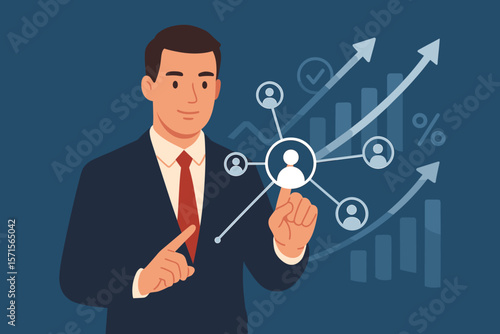 Businessman in suit analyzing customer network, touching digital interface with growth graph, financial data, positive indicators, investment progress, business strategy concept