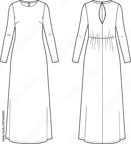 Elegant long-sleeve maxi dress design, fashion illustration front and back view, sewing pattern, stylish garment sketch, Adobe Stock image