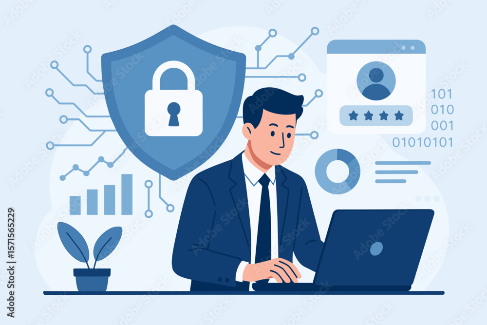 Cyber security businessman using laptop, login verification, identity credentials, network data protection, digital padlock, business data privacy, secure technology concept Cyber security businessman using laptop, login verification, identity credentials, network data protection, digital padlock, business data privacy, secure technology concept