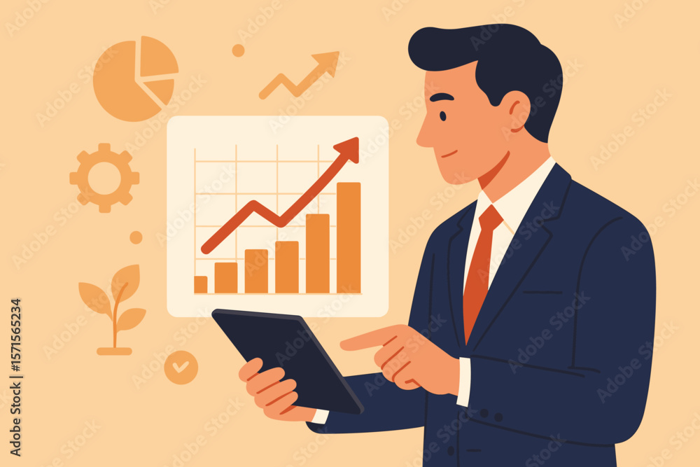 Businessman Analyzing Digital Marketing Growth Data on Tablet. Modern Flat Vector Illustration. Financial Success, Analytics, Statistics, Bar Chart, Arrow Up, Strategy Concept Businessman Analyzing Digital Marketing Growth Data on Tablet. Modern Flat Vector Illustration. Financial Success, Analytics, Statistics, Bar Chart, Arrow Up, Strategy Concept