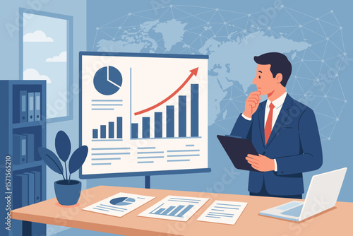 Business analytics growth strategy. Office manager analyzing financial data, bar charts, pie charts, upward graph, global network. Corporate planning, statistics, report, teamwork.