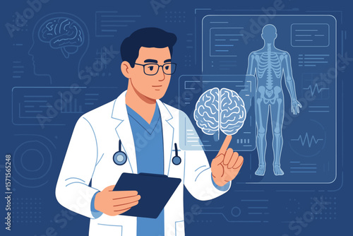 Medical doctor analyzing brain scan results and human anatomy on futuristic digital interface. Neurology, diagnostics, healthcare technology, virtual holographic medical innovation.