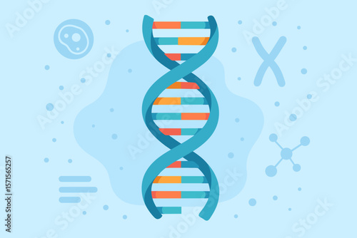 DNA double helix molecule structure. Genetic biotechnology, chromosome research, genome sequencing, molecular biology, human cell science, flat vector illustration