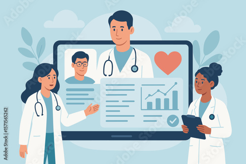 Medical team collaboration analyzing patient health data, digital electronic medical record, telemedicine consultation, online healthcare, modern flat vector illustration