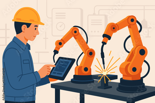 Industrial engineer operating and monitoring robotic welding arms with digital tablet in smart factory automation. Modern technology, robotics, manufacturing process, vector illustration