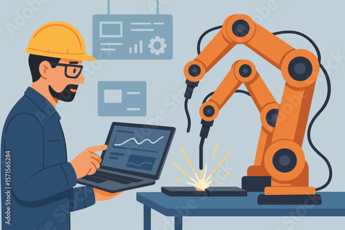 Industrial engineer monitoring and controlling robotic welding arms with laptop. Automation, smart manufacturing, robotics, factory technology, engineering process, industry 4.0