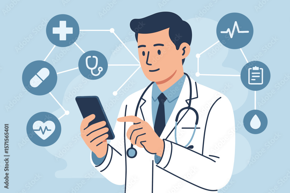 Modern healthcare technology concept with doctor using smartphone, stethoscope, medical network icons, telemedicine, digital health records, online consultation, innovation Modern healthcare technology concept with doctor using smartphone, stethoscope, medical network icons, telemedicine, digital health records, online consultation, innovation