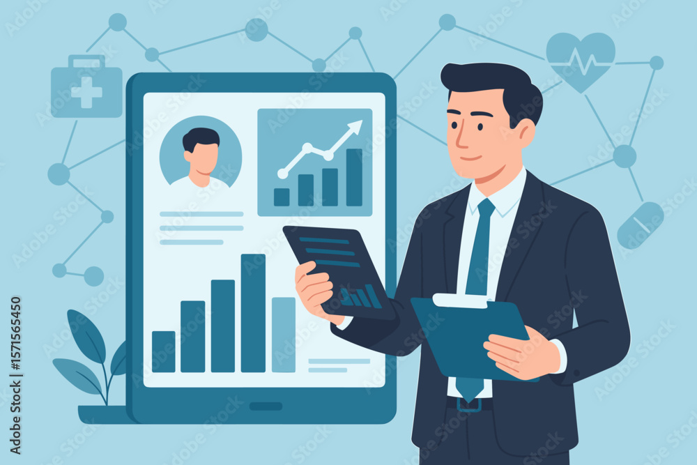 Businessman Analyzing Medical Business Data Report, Patient Information, Growth Chart, Investment Trends, Digital Healthcare Technology, Network, Medical Analytics Concept Businessman Analyzing Medical Business Data Report, Patient Information, Growth Chart, Investment Trends, Digital Healthcare Technology, Network, Medical Analytics Concept