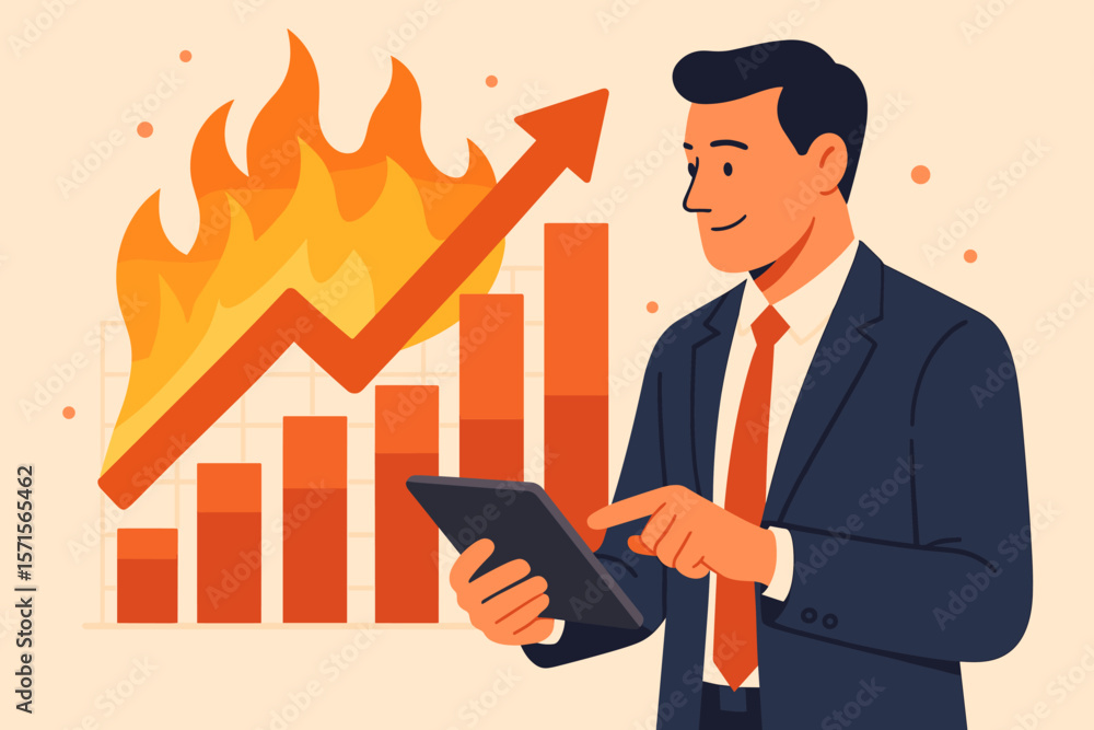 Businessman Analyzing Explosive Sales Growth on Tablet, Upward Bar Chart with Flames, Financial Success, Economic Boom, Business Strategy, Digital Marketing, Banking Concept Businessman Analyzing Explosive Sales Growth on Tablet, Upward Bar Chart with Flames, Financial Success, Economic Boom, Business Strategy, Digital Marketing, Banking Concept