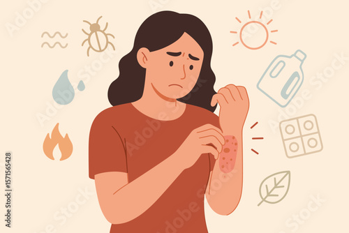 Woman Scratching Itchy Rash on Arm, Allergy, Dermatitis, Eczema, Skin Irritation from Insect Bite, Chemicals, Dry Skin, Detergent, Sun, Medical Healthcare Concept Illustration